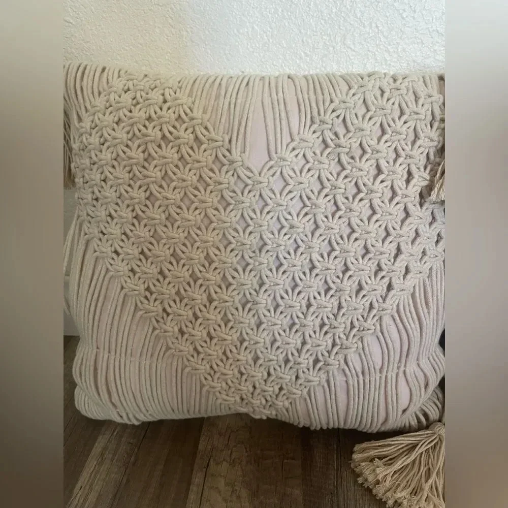 Macrame Heart Shaped Square Throw Pillow Cream - OpalHouse Valentines Day